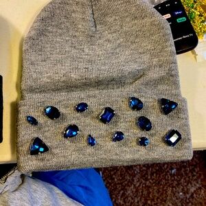 Stunning Light Gray Beanie with Iridescent Dark Teal Rhinestones
